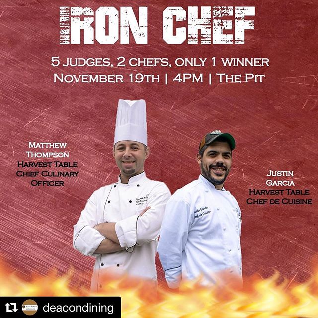 #Repost @deacondining with @get_repost
・・・
TOMORROW! Come out and cheer on our very own Chef de Cuisine, Justin Garcia as he battles against @harvesttablecg Chief Culinary Officer, Matthew Thompson! See you all in The Pit at 4PM 🔥

#harvesttablecg #
