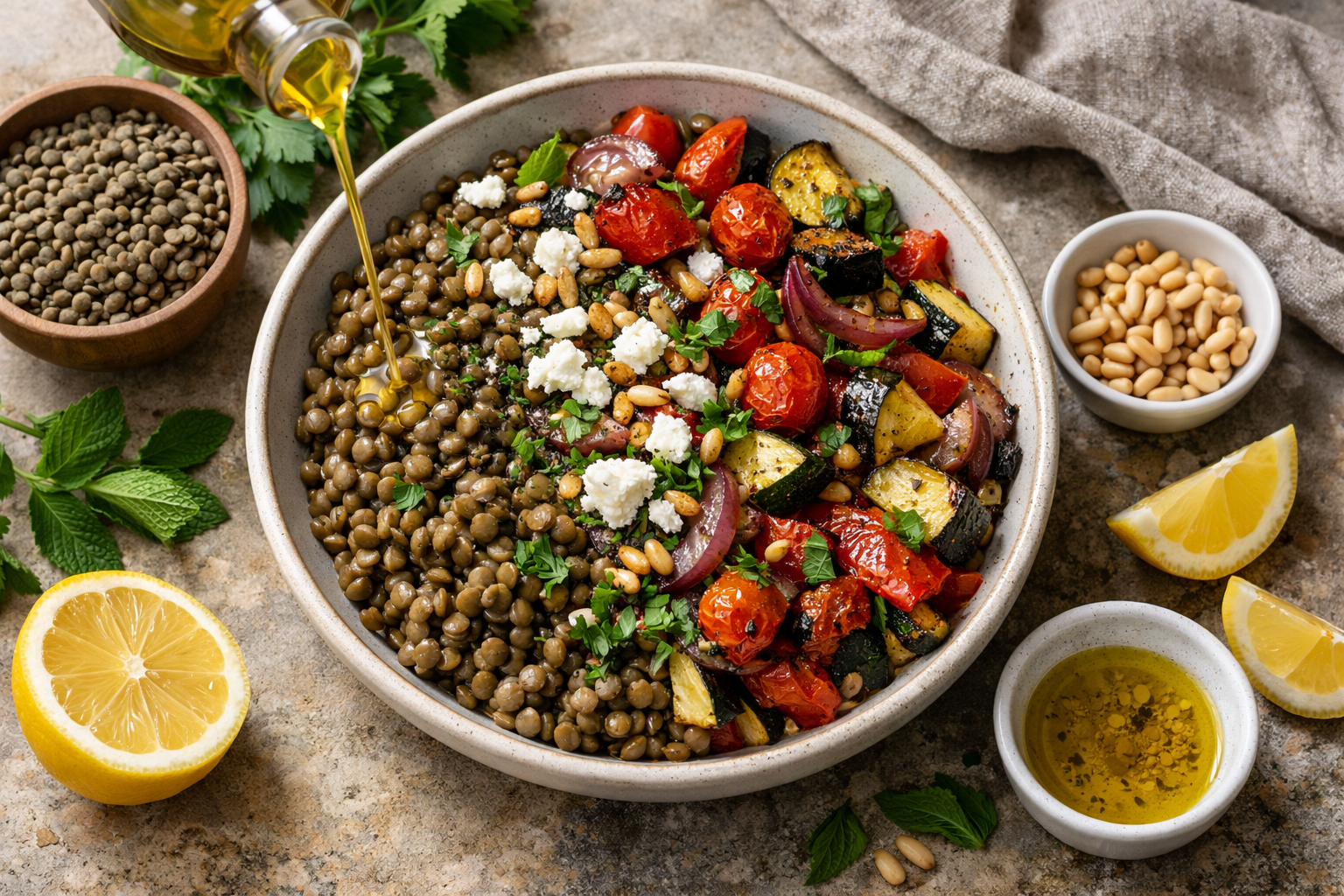 Mediterranean Lentil &amp; Roasted Vegetable Power Bowl