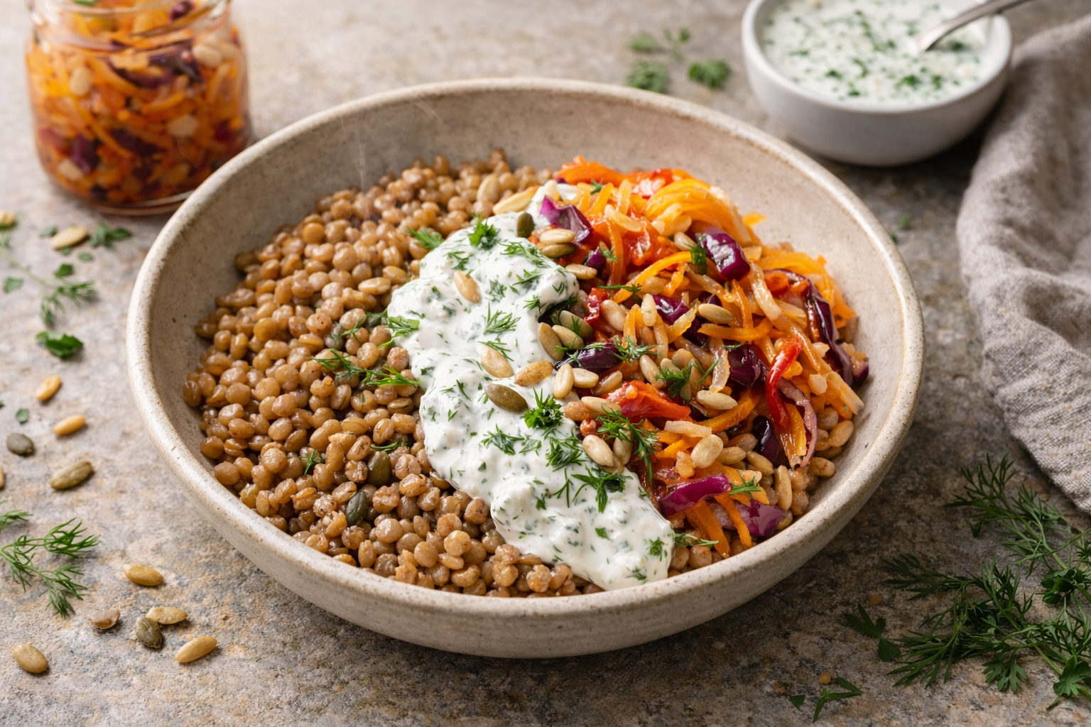 Warm Farro with Fermented Vegetables &amp; Herbed Yogurt