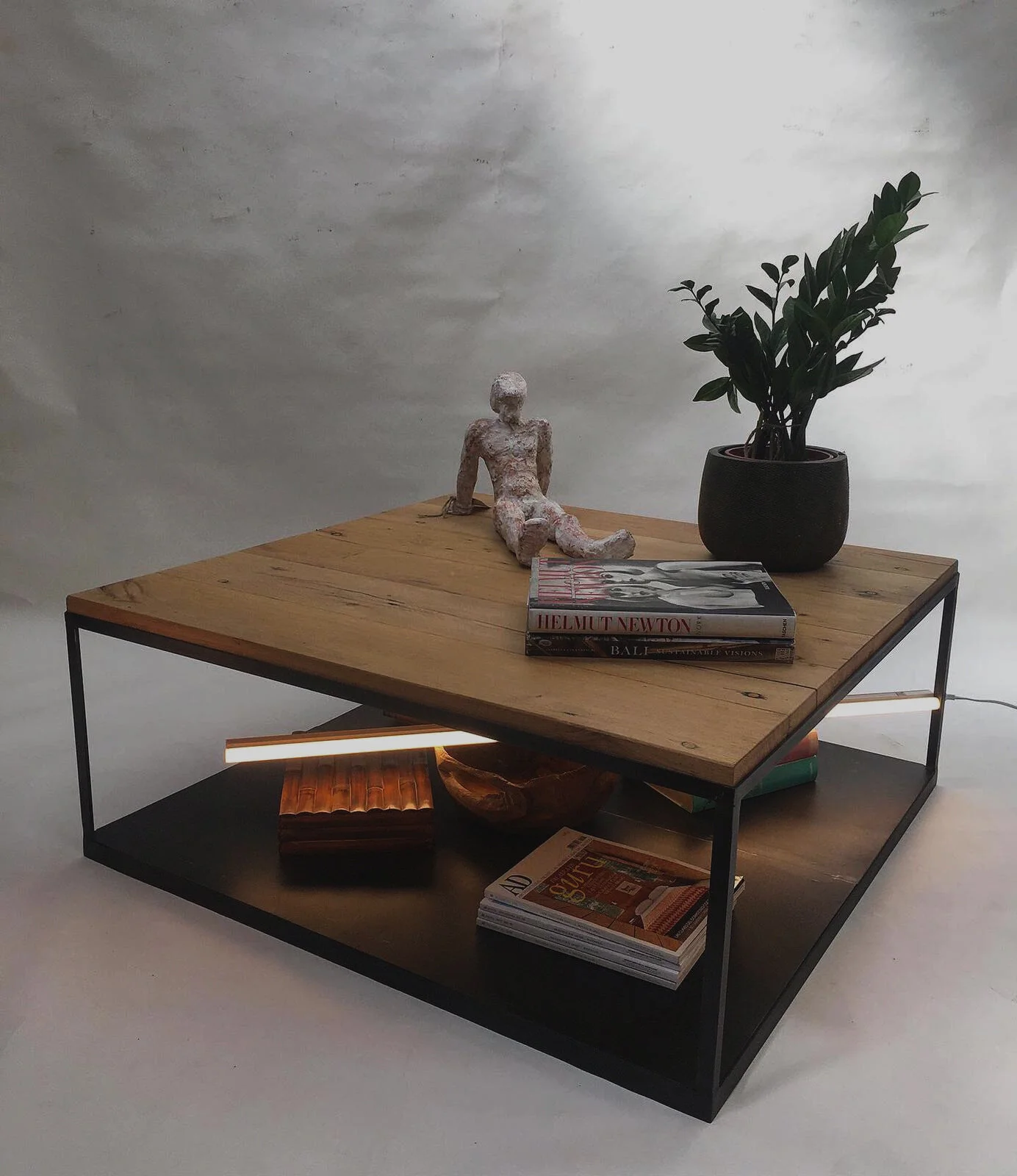 Mesa de centro roble envejecido y hierro 100x100