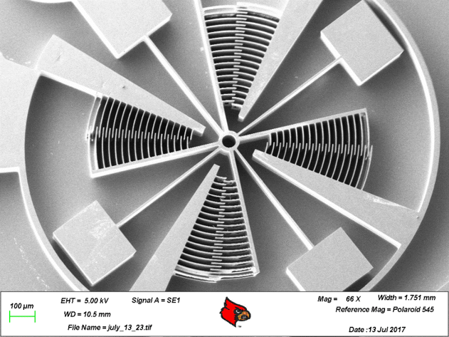 SEM micrograph of mm-size rotary comb drive with 6 microns comb gaps. This rotary joint will be used as a an arm or base joint for AFAM.