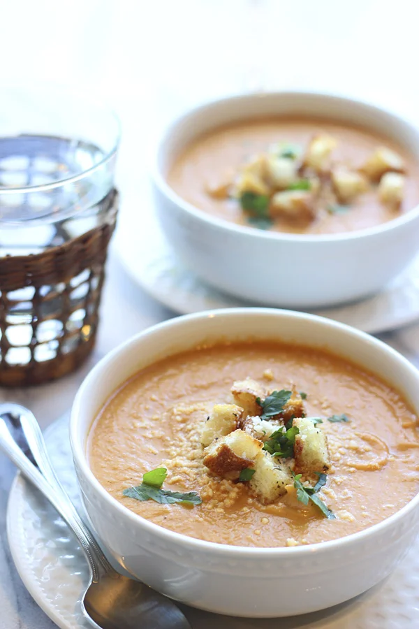 Creamy Roasted Red Pepper and Cauliflower Soup with Goat Cheese