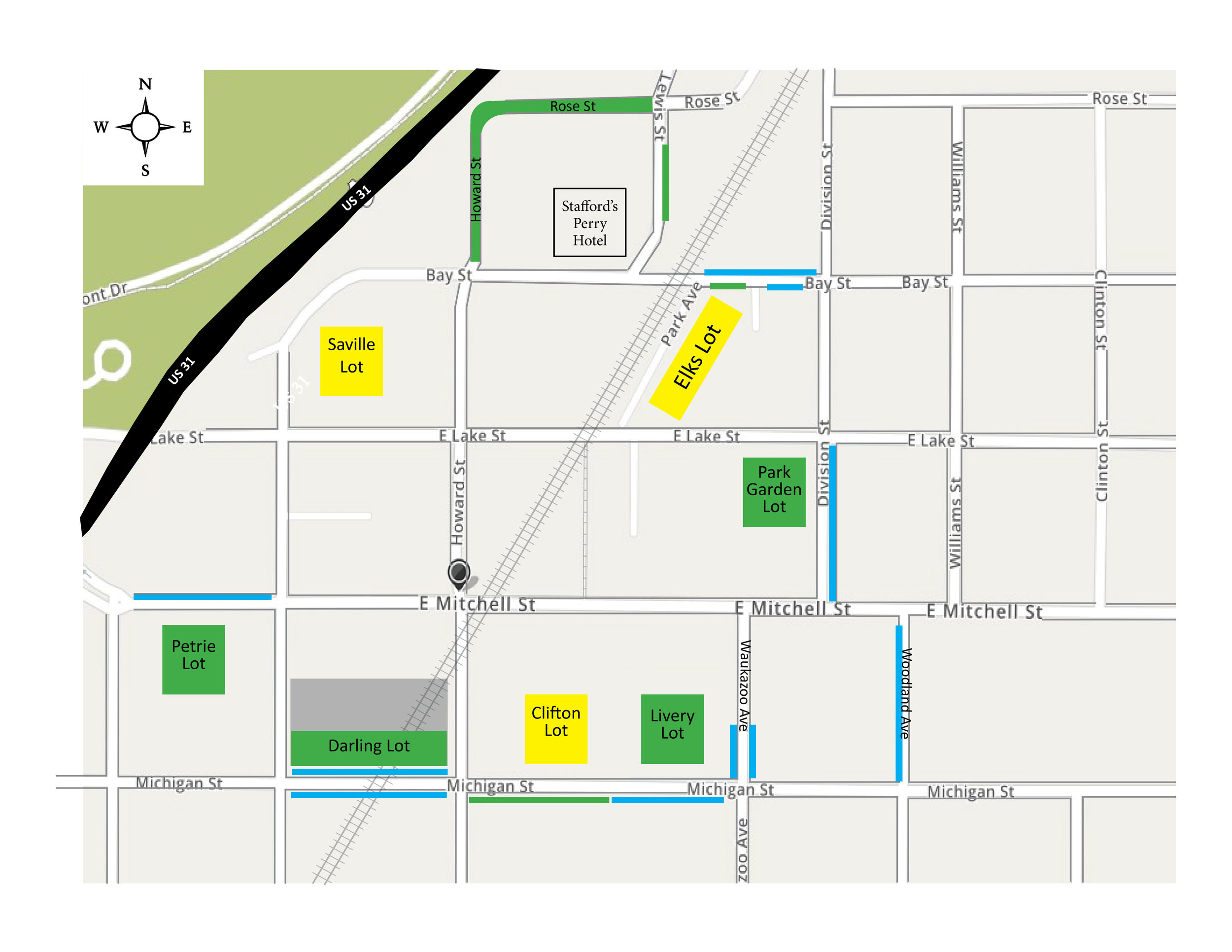 Tiered parking permit map. Map shows yellow, green, and blue permit spaces.