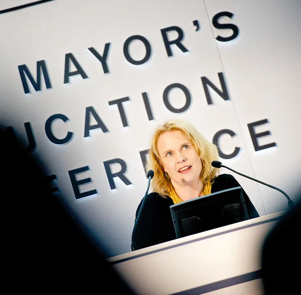 State Secretary of Education Pilvi Torsti lecturing on Finnish Education as an invited guest keynote speaker, Mayor's Education Conference, London, November 2014.
