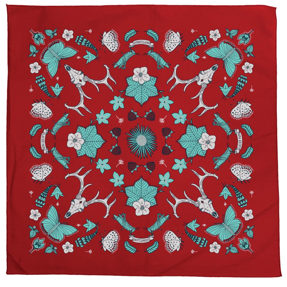 custom teal butterfly on red bandana