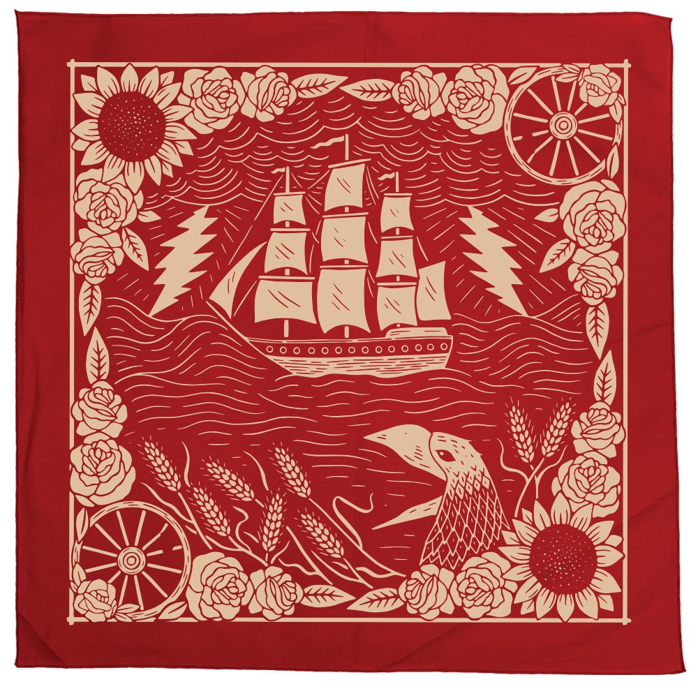 white ship printed on red bandana