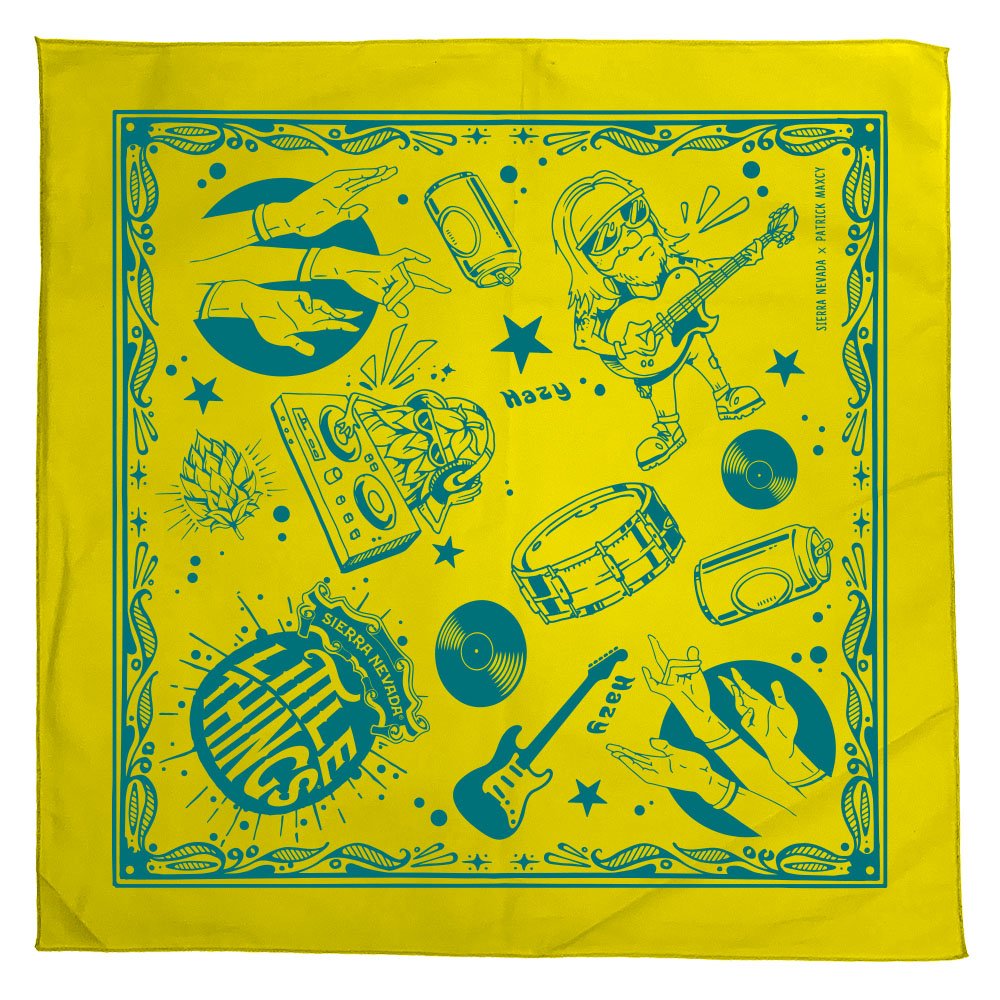 yellow bandana with blue musical instruments printed on