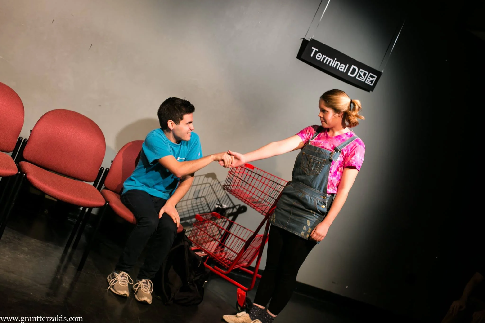 Eric Fernandez (Todd) and Helena Barth (Riley) in the 2016 premiere of TERMINAL D, directed by Christina Mei Chen.