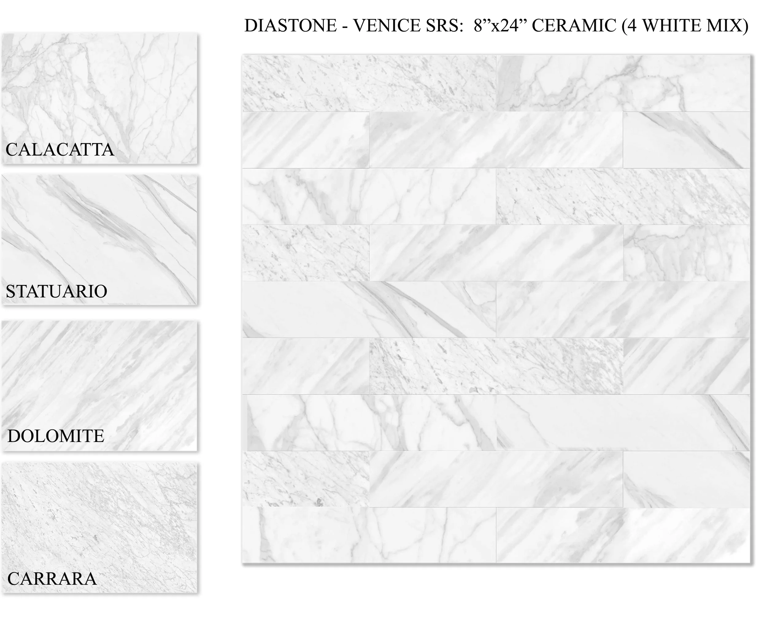VENICE WHT8X24 - 8"X24" MIX 12 PC/CTN (15.50 SF); 64 CTN/PLT BULLNOSE AVAILABLE - 2.5" X 24"