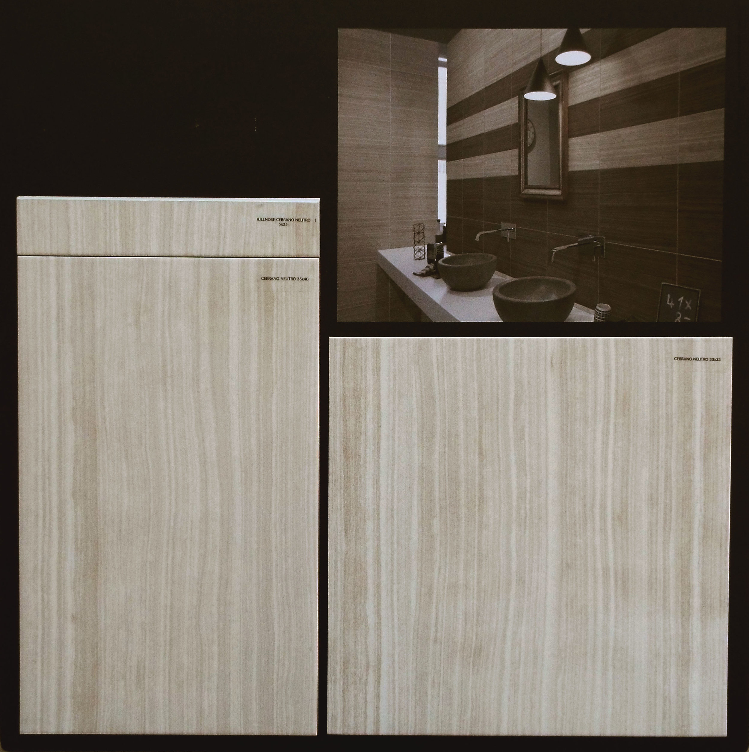 CEBRANO NEUTRO 10"X16" GLOSSY WALL - 15 PC/CTN (16.15 SF); 64CTN/PLT 13"X13" FLOOR GLOSSY - 14 PC/CNT(16.68 SF); 44CTN/PLT 3"X10" BULLNOSE AVAILABLE - 44 PC/CTN