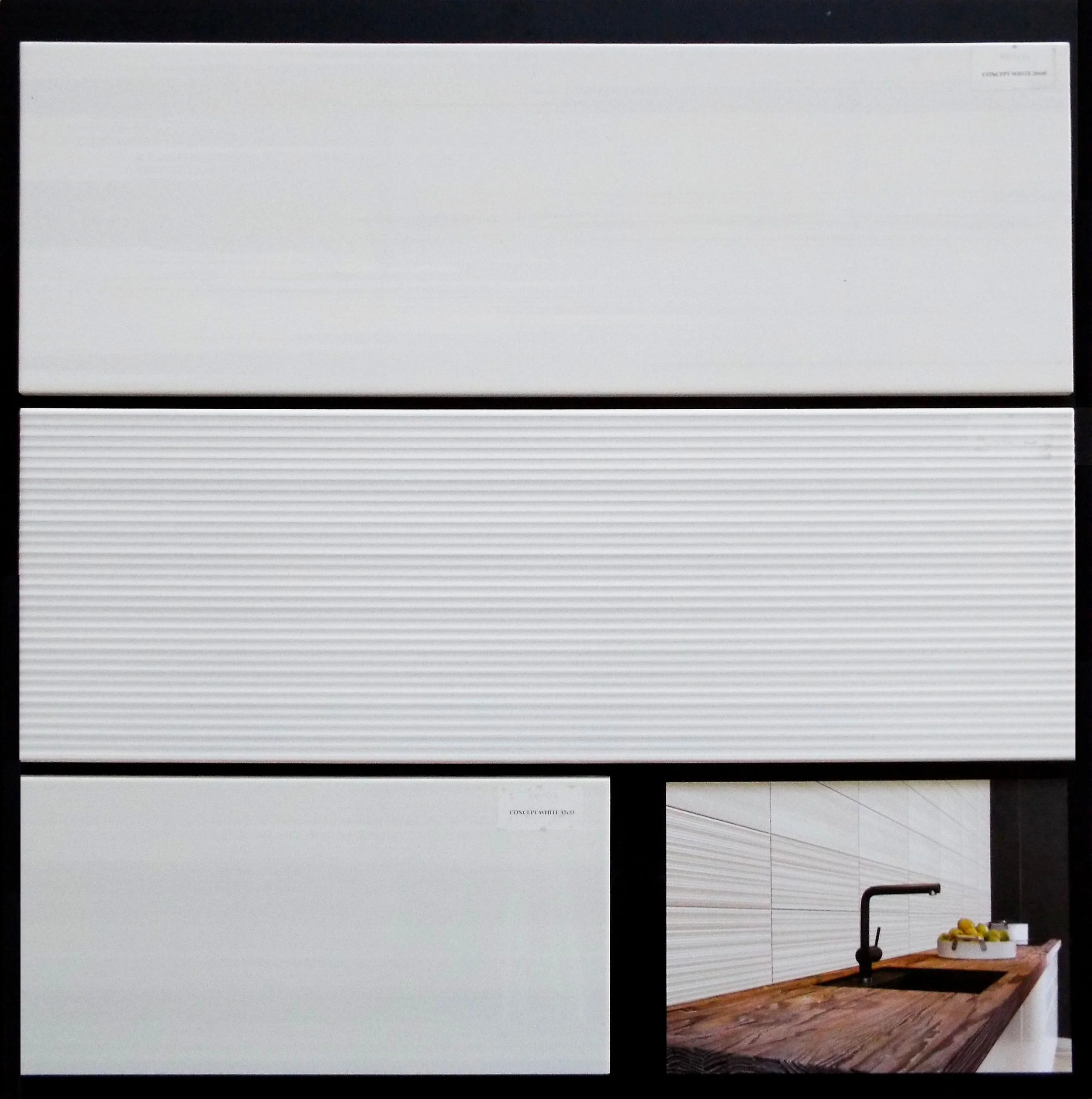 CONCEPT WHITE 8"X24" GLOSSY WALL - 12 PC/CTN (15.50 SF); 48CTN/PLT 8"X24" GLOSSY DECO - 12 PC/CTN (15.50 SF); 48CTN/PLT 13"X13" FLOOR GLOSSY (PORCELAIN - 1/2 PC SHOWN) - 14 PC/CNT(16.68 SF); 44CTN/PLT 3"X24" BULLNOSE AVAILABLE - 20 PC/CTN