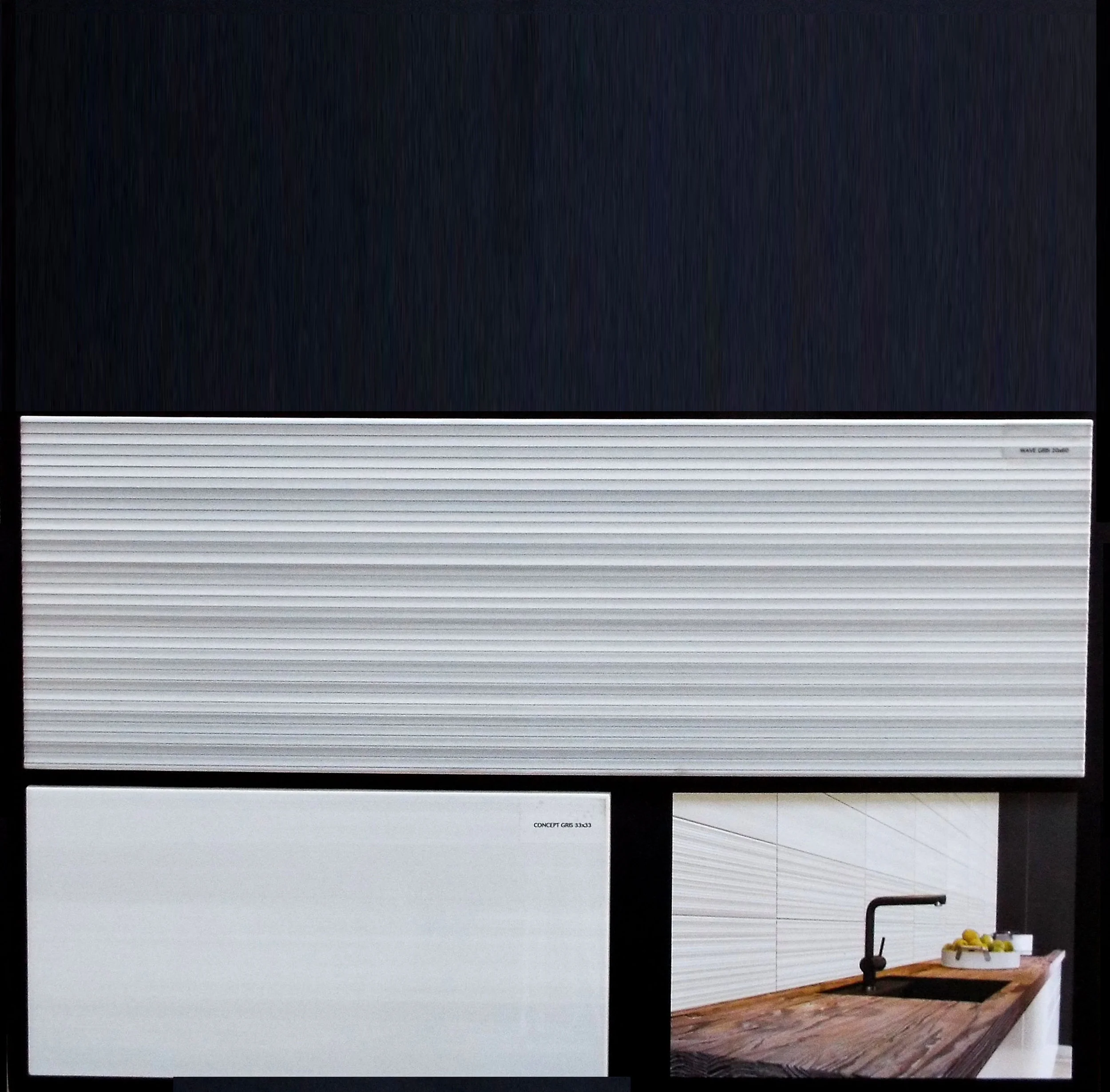CONCEPT GRIS 8"X24" GLOSSY DECO - 12 PC/CTN (15.50 SF); 48CTN/PLT 13"X13" FLOOR GLOSSY (PORCELAIN - 1/2 PC SHOWN) - 14 PC/CNT(16.68 SF); 44CTN/PLT 3"X24" BULLNOSE AVAILABLE - 20 PC/CTN