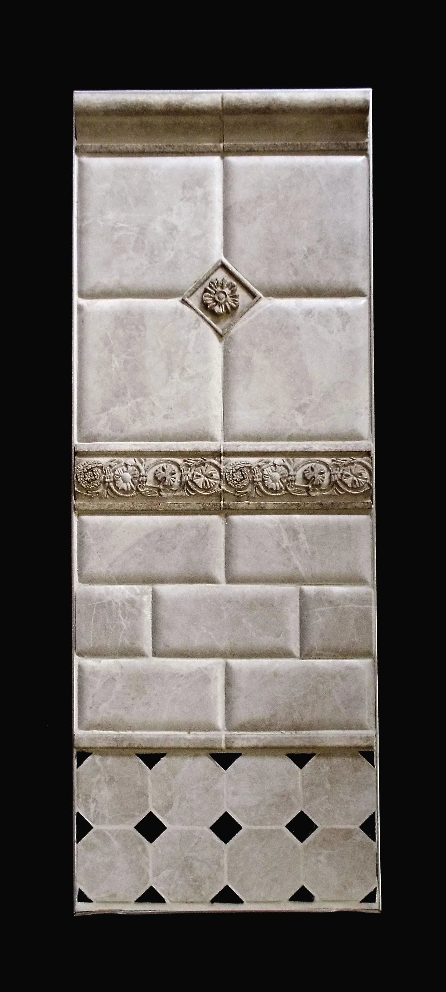 GRIGIO 2.4"X6" TORELLO TIBUR, MATTE - 14 PC/CTN 6"X6" MATTE, Pillowed Edge - 38 PC/CTN (9.2 SF) 2.4"X2.4" TOZETTO TIBUR, MATTE - 14 PC/CTN 2.5"X6" LISTELLO TIBUR, MATTE - 14 PC/CTN. 3"X6" MATTE, Pillowed Edge - 76 PC/CTN (9.2 SF) 0.8"X6" MATITA ANNIENE, MATTE - 14 PC/CTN OCTAGON MOSAIC - 6 SHT/CTN (ALL COLORS) ALSO AVAILABLE - 0.4"X6" COPRIFILO, SHINY - 6PC/CTN (Used to finish the tile.) 12"X12" FLOOR - 14 PC/CTN (13.56 SF)