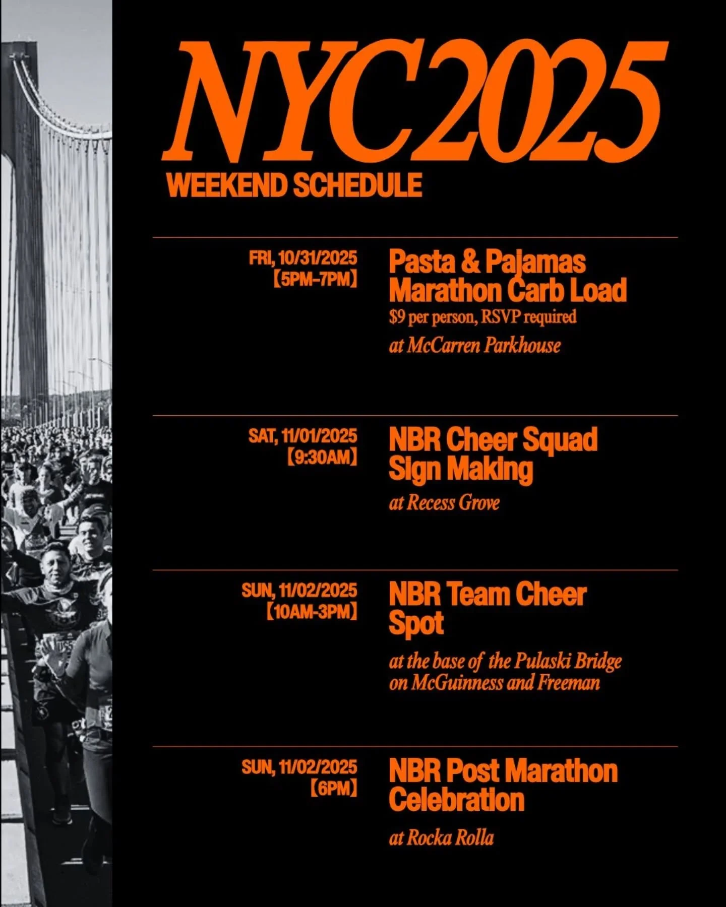 Get ready for a fun weekend of marathon events! 

We kick off tomorrow evening with a pasta party. Get cheer ready with poster making Saturday morning and bring those posters to our cheer spot at the Pulaski bridge Sunday morning. Finishing the weeke