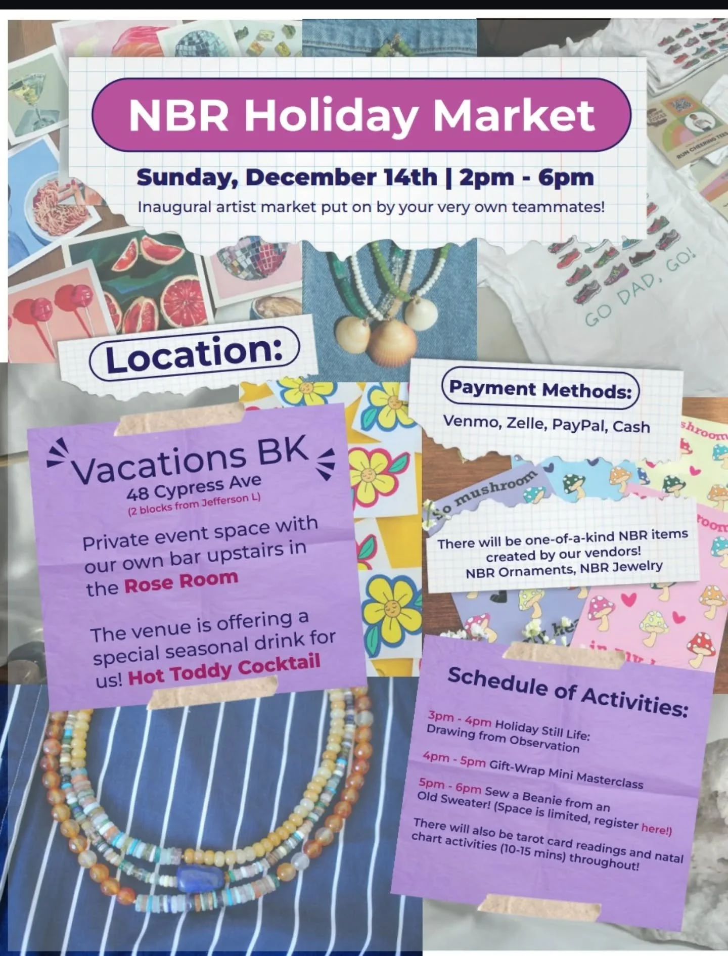 Join us this Sunday @vacationsbk for the first NBR Holiday Market! 

✨ 20 vendors
🎨 Several art demos/workshops
🃏 Tarot and Natal chart readings
🖼️ One of a kind NBR art

We look forward to seeing you there!