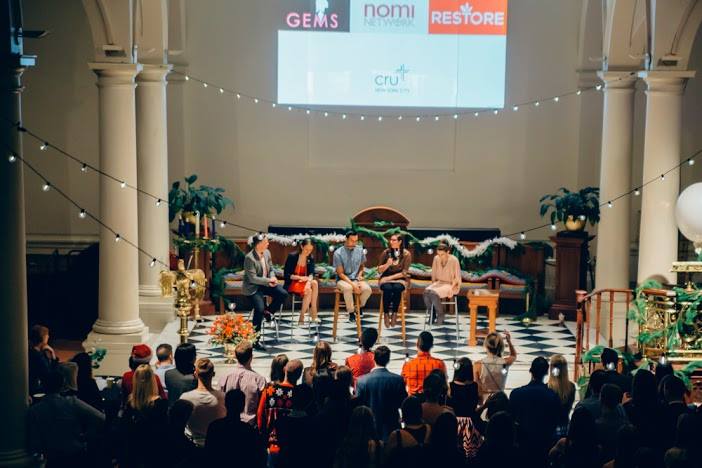 250 young professionals in New York City listen to a panel discussion on human trafficking during Cru's December Party with a Purpose.