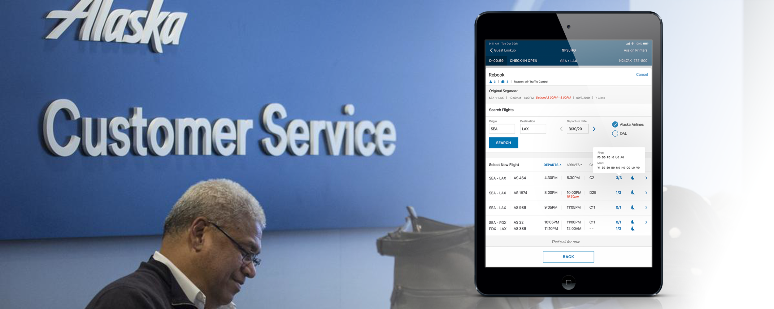 Background source: bizjournals.com; iPad example: Rebooking feature in a CSA app