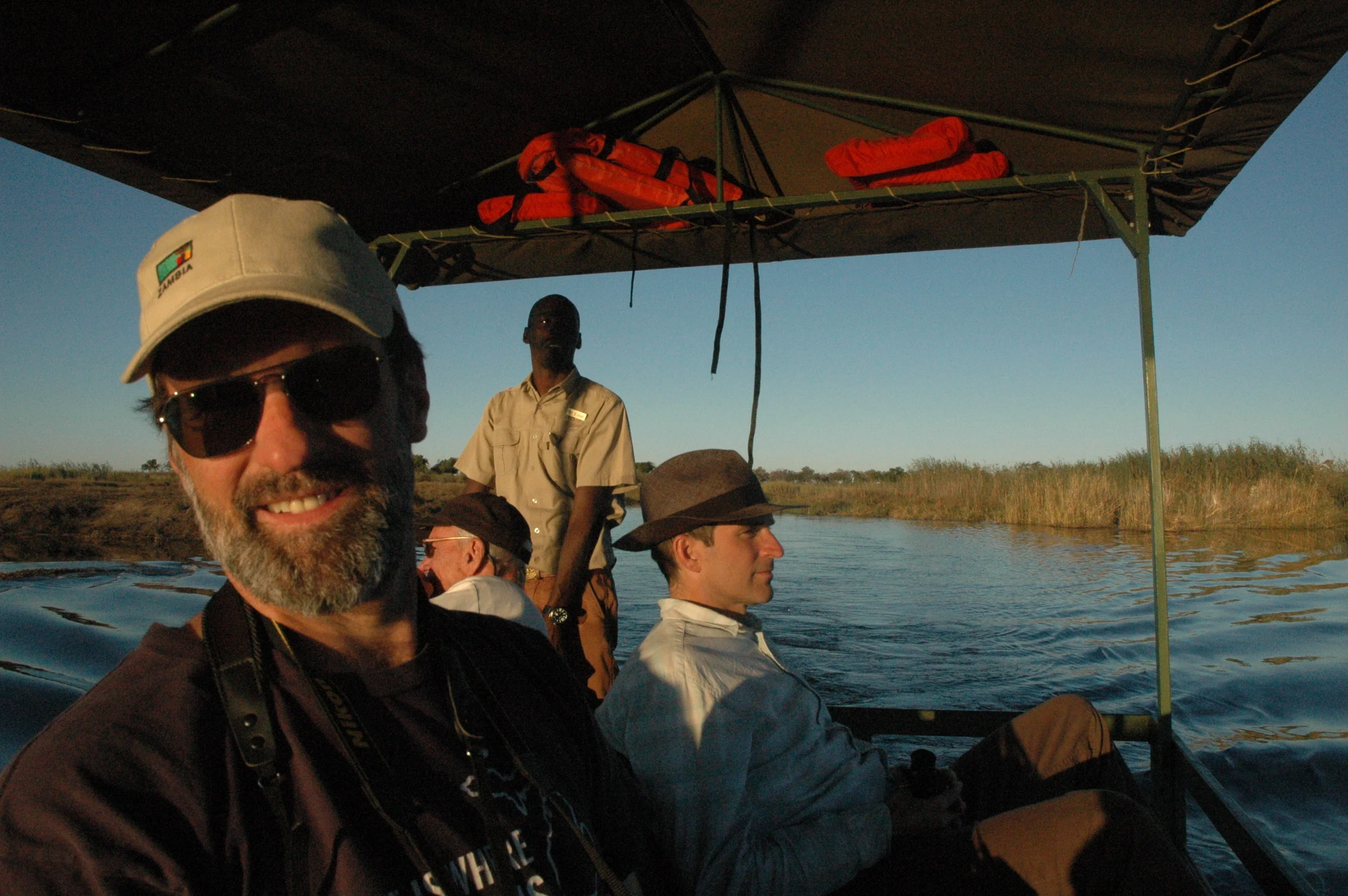 O'Learys on the Linyanti River, Botswana, with Esse, our guide.