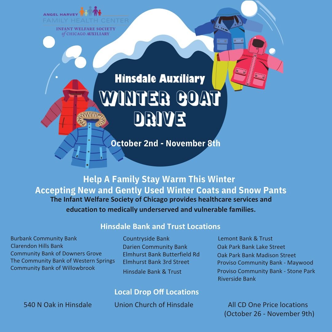 Our winter 🧥drive is back! Now through November 8th, bring a new or gently used coat or snow pants to a Hinsdale Bank &amp; Trust location, 540 N Oak in Hinsdale or Union Church of Hinsdale or from October 26th to November 9th bring to any @cd1price