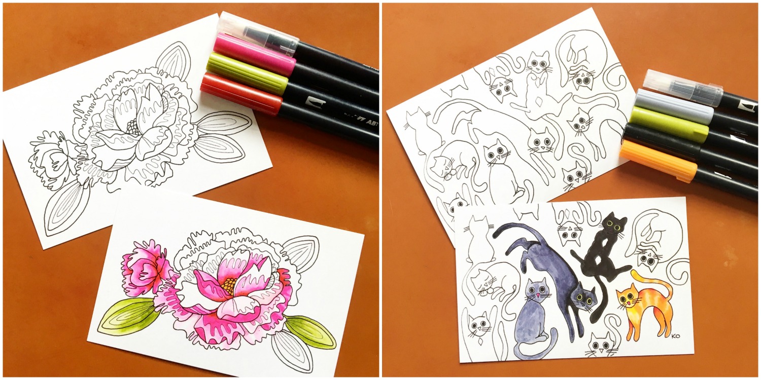Two of my coloring sessions with the new postcards, using Tombow USA's Dual Brush Pens.