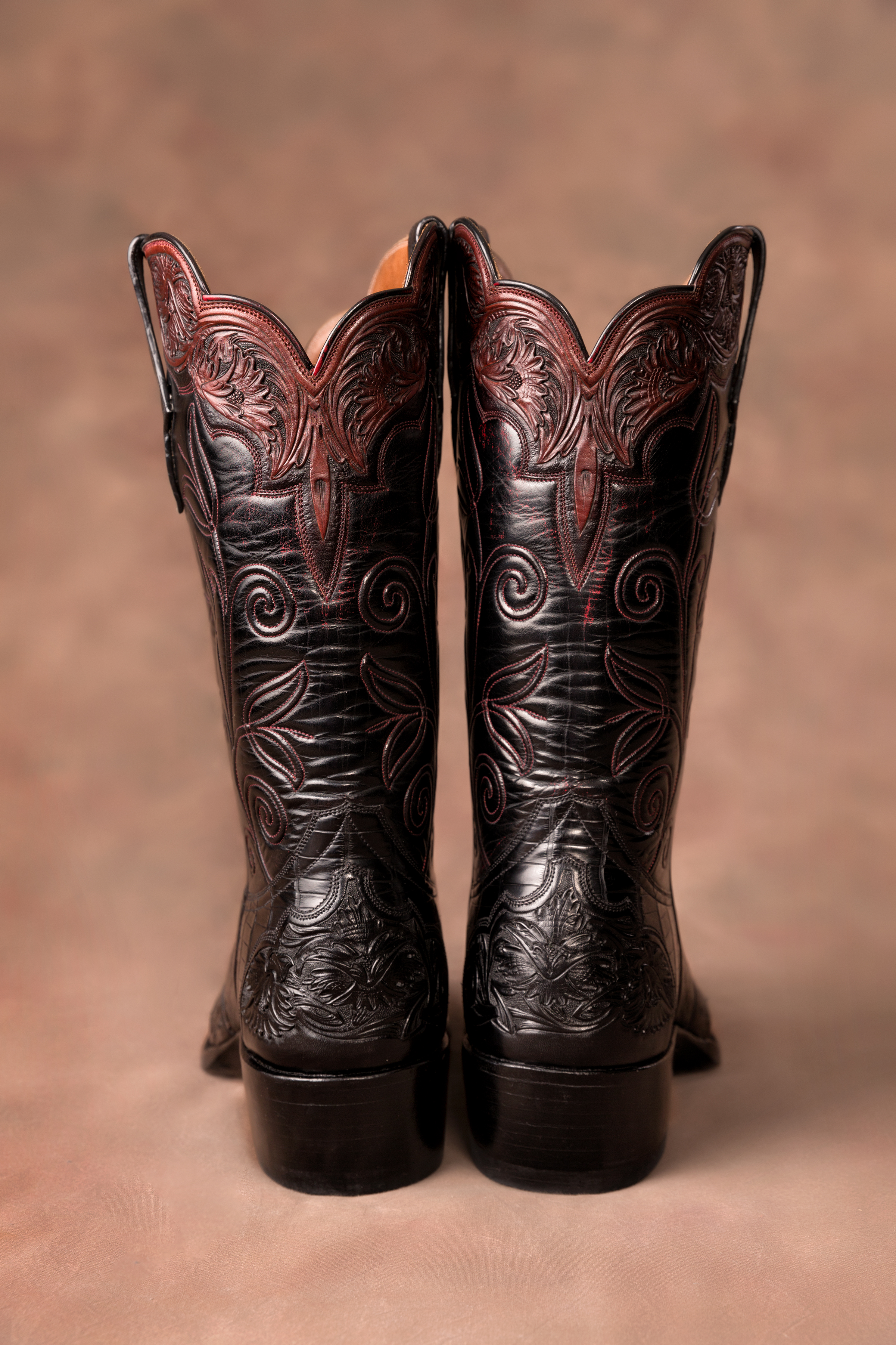 Fry Black Cherry Kangaroo tops with hand tooled collars wingtips and heel foxing over Black American Alligator vamps