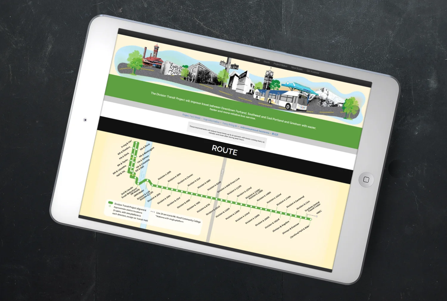  TriMet’s Division Transit Project website design, depicted on an iPad 