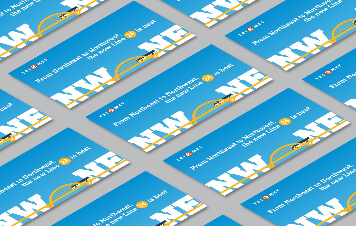  TriMet Line 24 campaign postcard with text: “From Northeast to Northwest, the new Line 24 is best.” Repeated cards in isometric perspective. 