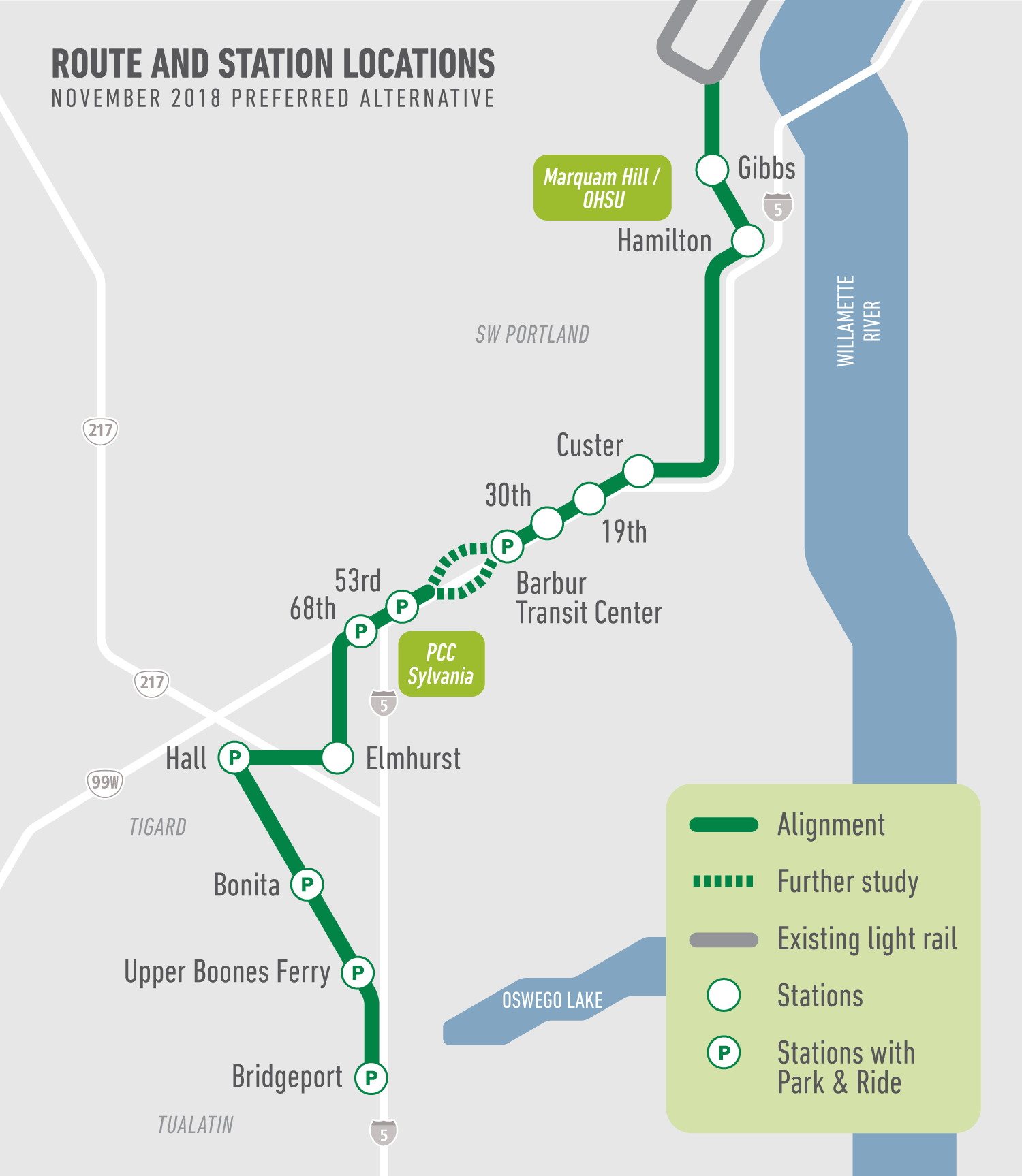  TriMet’s Southwest Corridor Light Rail proposed route and station location map (November, 2018) 