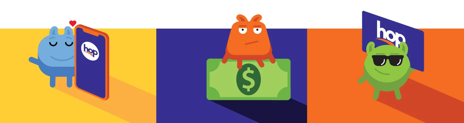  TriMet Ways to Pay Campaign. One “hopster” is holding an oversized cell phone, another is sitting on oversized cash, and the last is holding an oversized Hop transit card over the shoulder. 