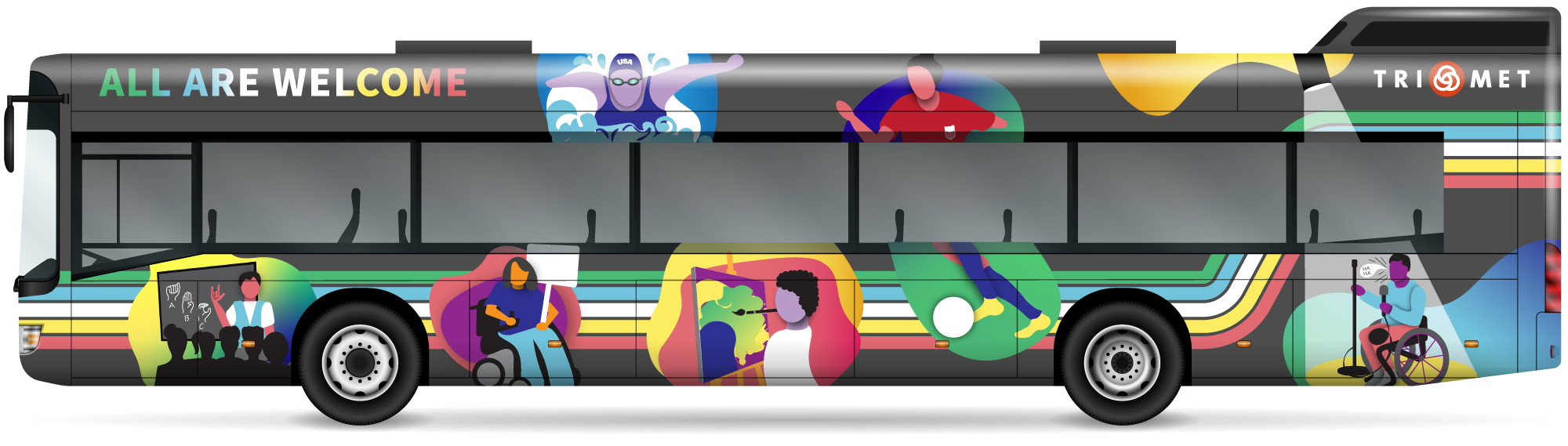  Bus wrap design for TriMet Diversity Spotlight program Disability Pride Month. Design showcases illustrated figures with various disabilities, intertwined with stripes using the colors of the disability pride flag. 