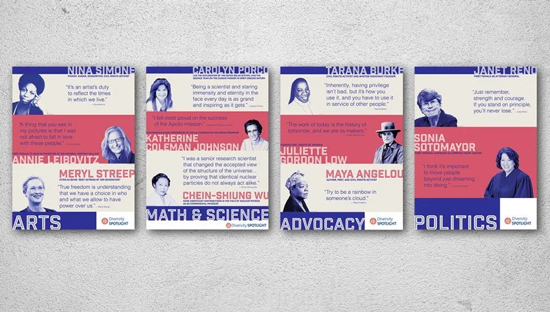  TriMet Diversity Spotlight internal posters: Women’s History Month, highlighting icons in the arts, math and sciences, advocacy, and politics 