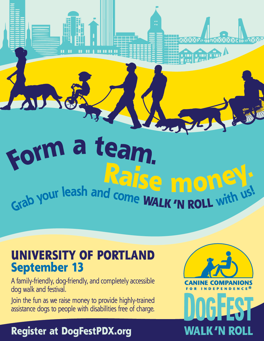  DogFest poster design for fundraiser benefiting Canine Companions for Independence. “Form a team. Raise Money. Grab your leash and come walk ‘n roll with us.” 