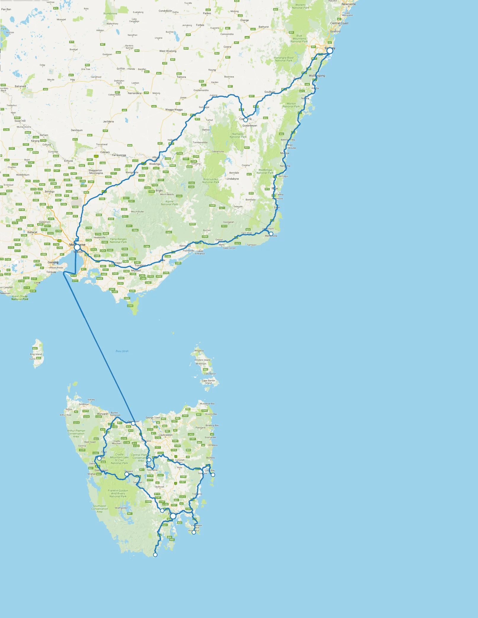 This map was made before we actually went on the trip to give us an idea of the scale of everything. We changed a few of the locations but this gives a pretty good indication of our route. The whole trip was about 3,400km (2,100 miles) in total.