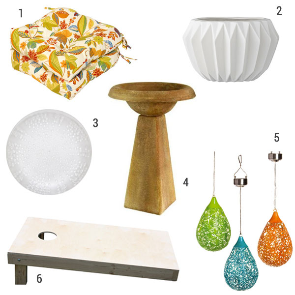 1) In general, I stick to neutral furniture and add pops of color with accessories, such as these cheerful outdoor dining cushions . 2) Oh my word this fluted round pot planter would be gorgeous inside or out -- I want a fleet of them! 3) Eating outdoors is less stressful with melamine plates -- these translucent coral dinner plates are super affordable and also come in teal. 4) I love the simple look of this tall modern bird bath . It has a natural look but it’s gold -- perfect for merging Jon and my styles! 5) Add color by day (hey, they coordinate with the seat cushions I picked!) and twinkling light at night with these hanging solar lanterns . 6) Summer lawn games = awesome and we’re huge fans of summer cornhole !