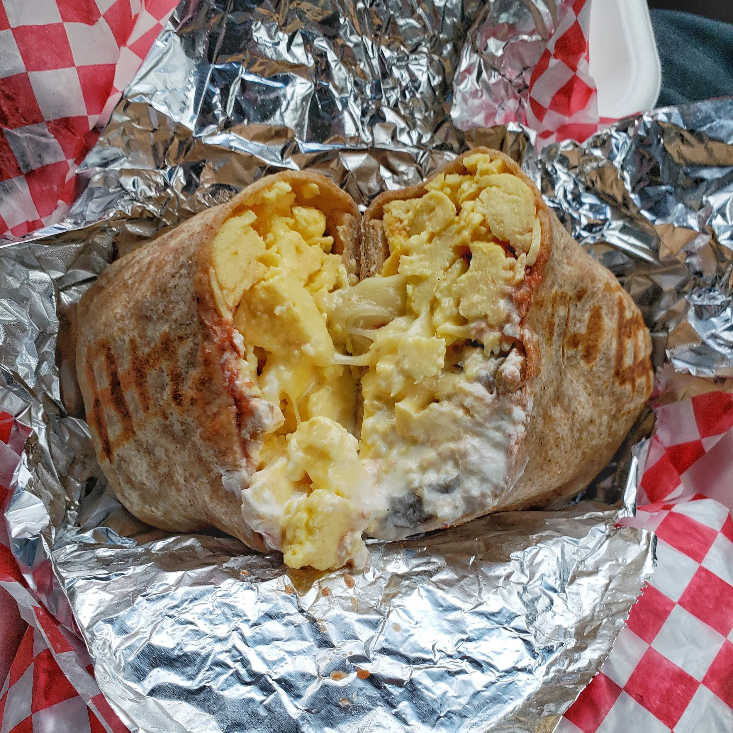 Nothing tastes as good as a giant breakfast burrito after you’ve been skiing all morning!