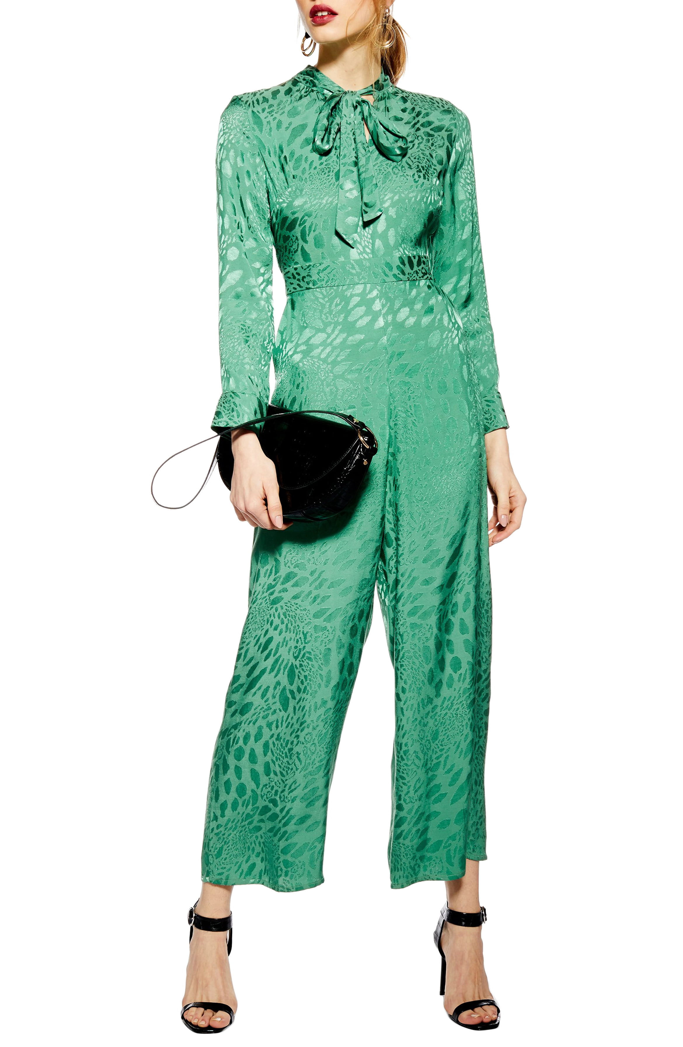 Topshop Tie Neck Jacquard Jumpsuit; image by Nordstrom