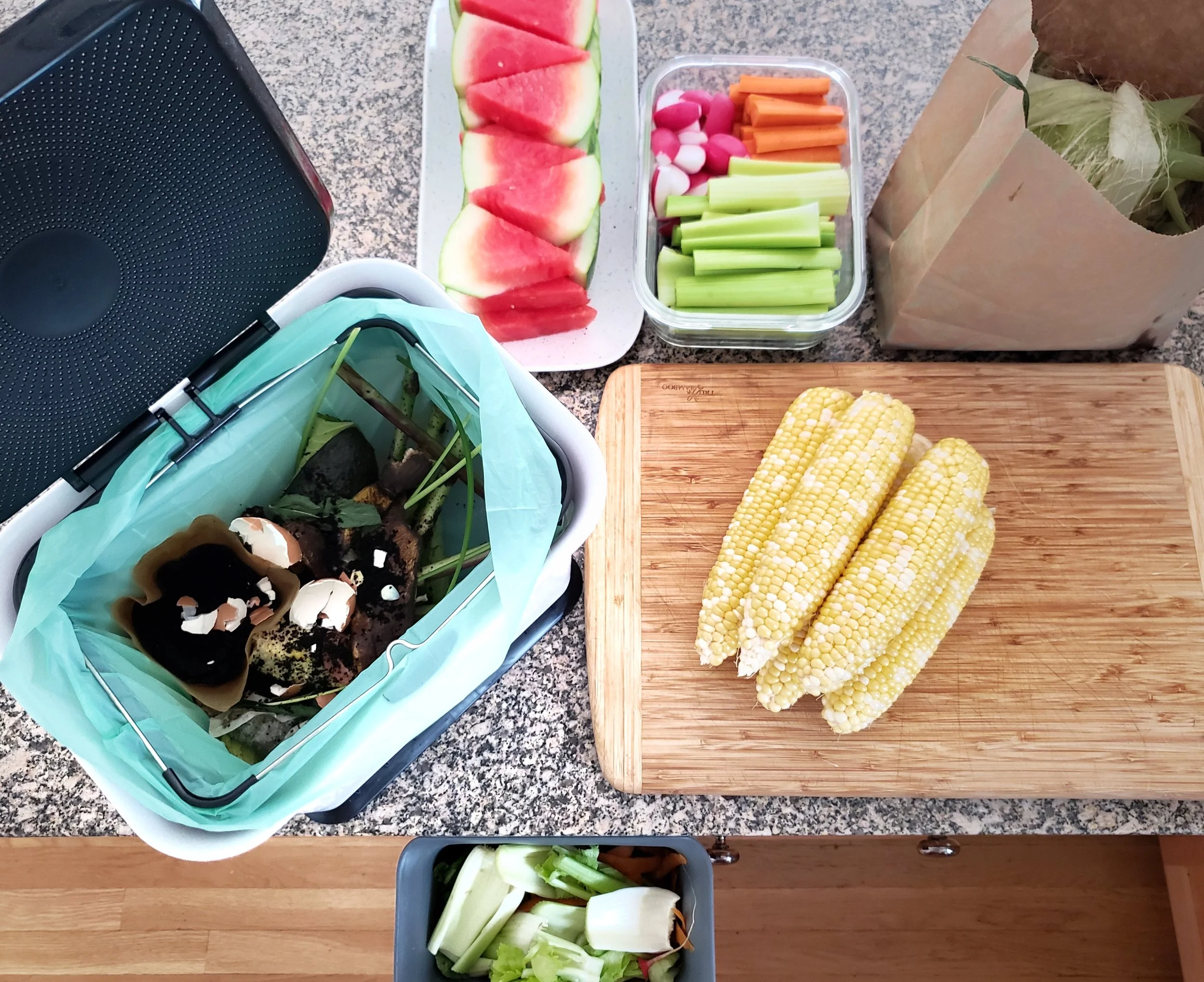 Composting while veggie prepping situation in full effect with Full Circle products; image via Christine Koh