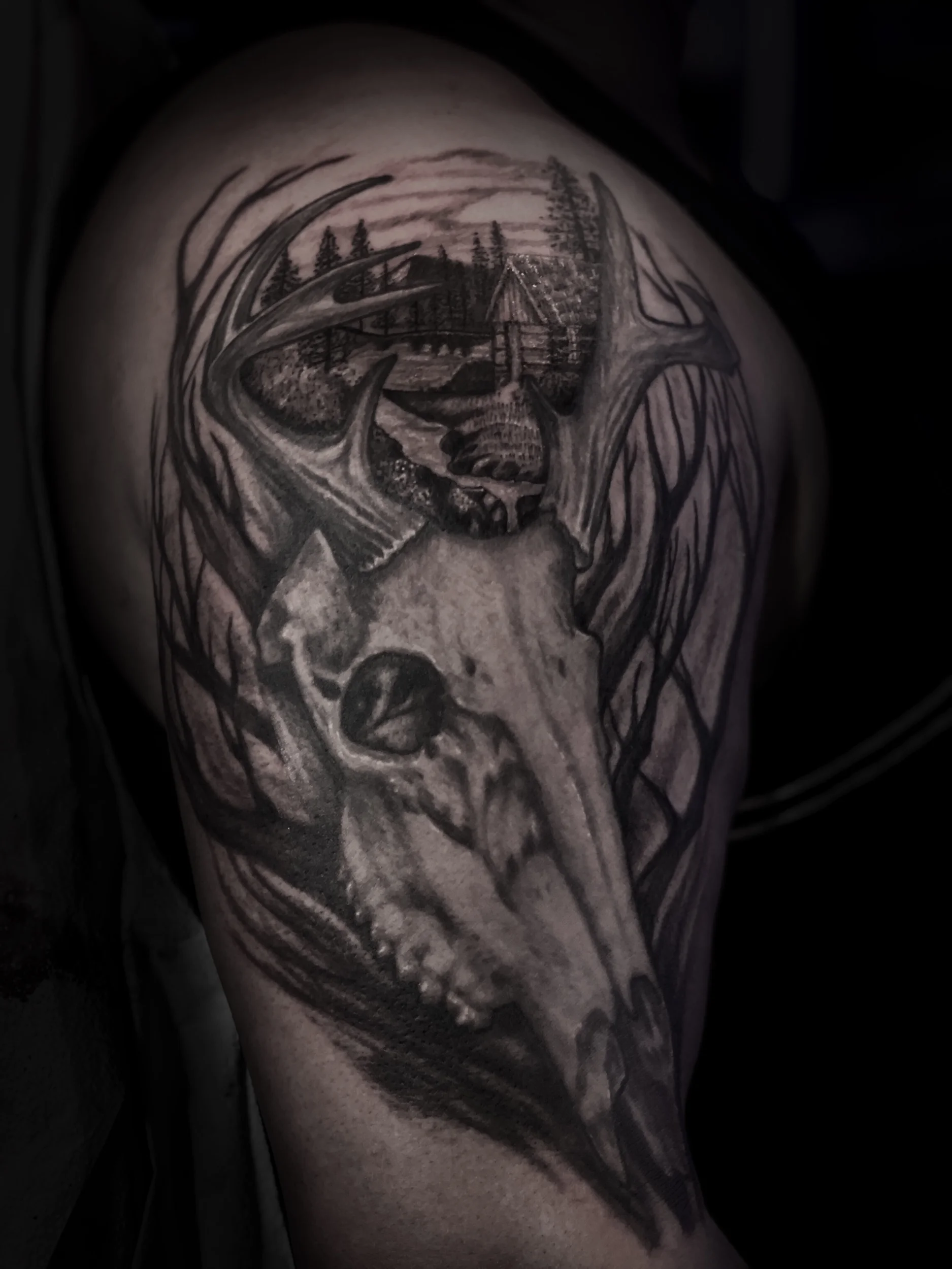 Deer skull and cabin scene 1/2 sleeve 