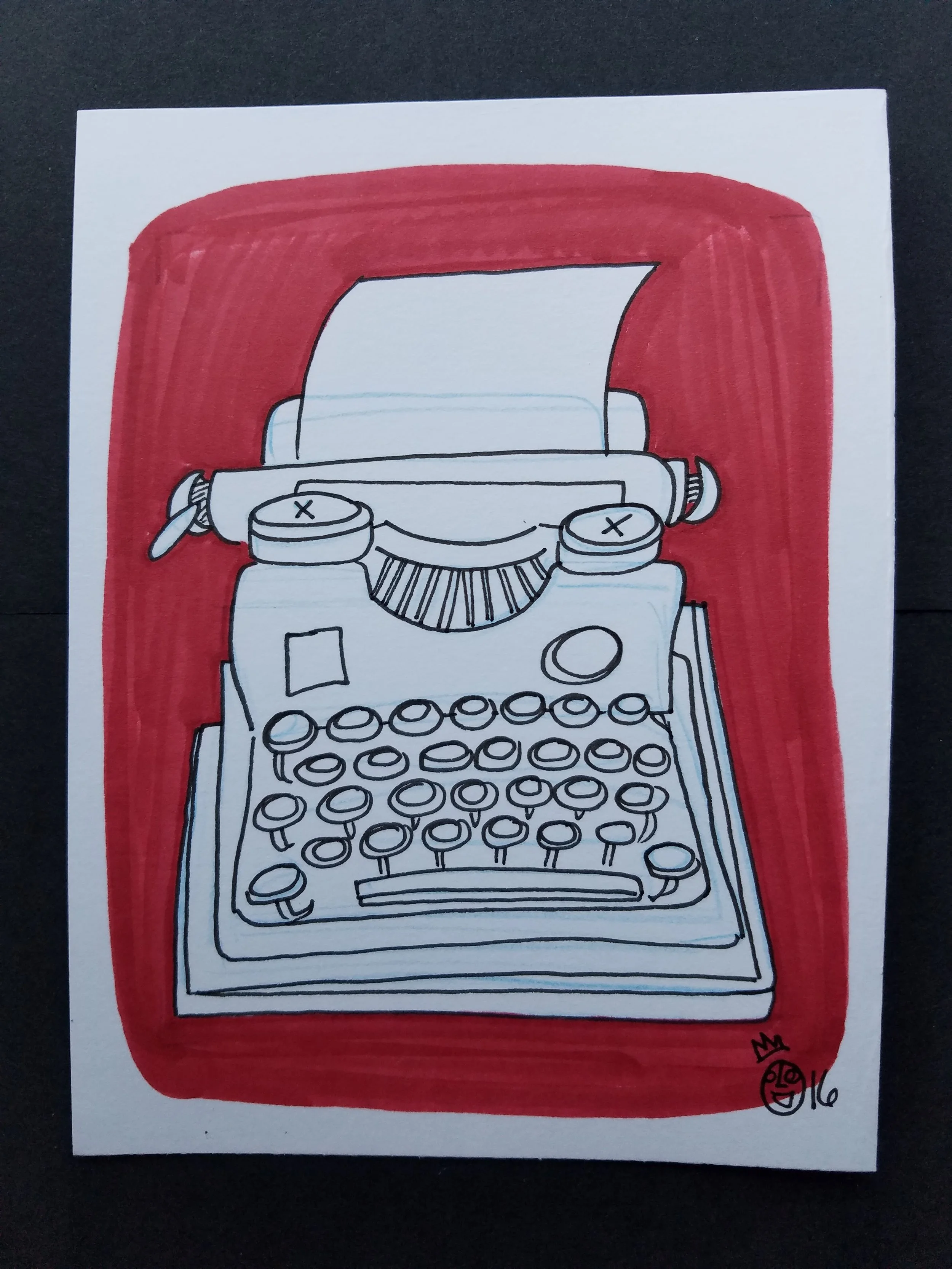 Typewriter, Red Background, Pen and Ink 2016