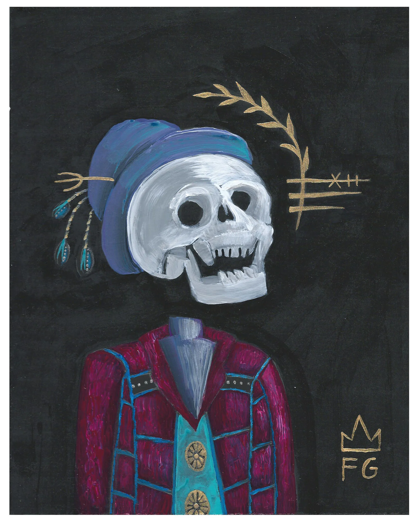 JazzMuscianGrinningSkullinaBowlerHatwithGoldFeatherandPinkJacket.jpg