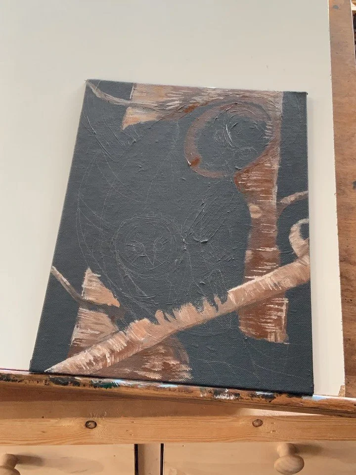 Small Owl Painting, swipe to see it finished. Also, available. $350 + S&amp;H. Reach out, if you&rsquo;d like it. #owl #owlpainting #paintersofinstagram