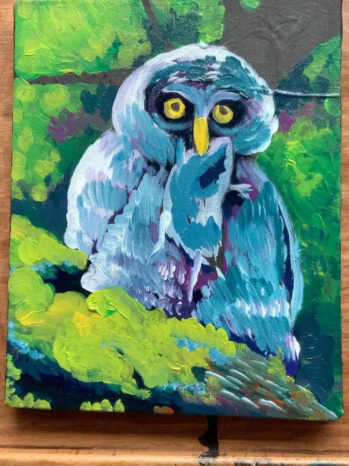 &ldquo;Dinner time with Baby.&rdquo; 8 x 10&rdquo;. $350 . Another fun owl painting. What a cute little owllet eating a mouse.#owlpainting #owlpainting #acrylicpainting #owls #available