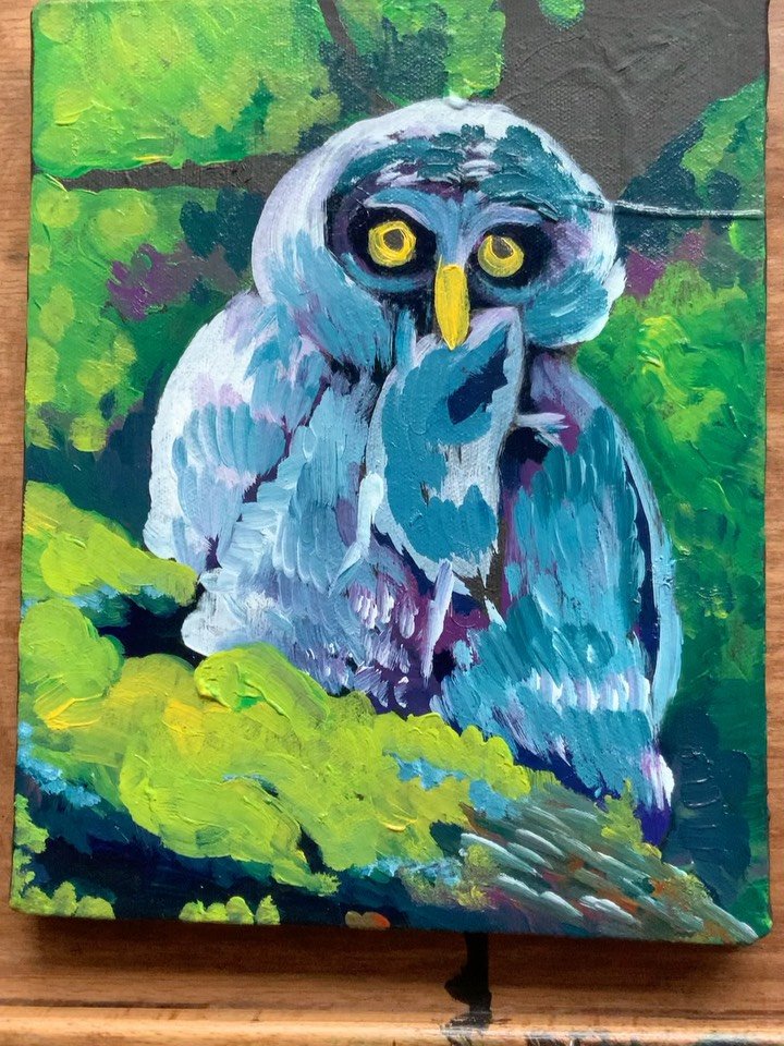 &ldquo;Dinner time with Baby.&rdquo; 8 x 10&rdquo;. $350 . Another fun owl painting. What a cute little owllet eating a mouse.#owlpainting #owlpainting #acrylicpainting #owls #available