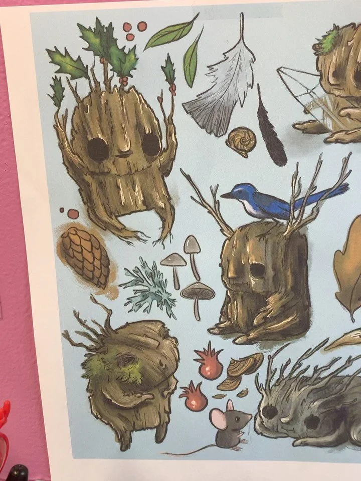 Prepping for our March Equinox Pop Up in Astoria, Oregon. I love collaborations with other artists. I took Colibri&rsquo;s @mysteriousothers art work and drew it in my style. What do you think of these little forest spirits? #tattoopopup #tattooflash