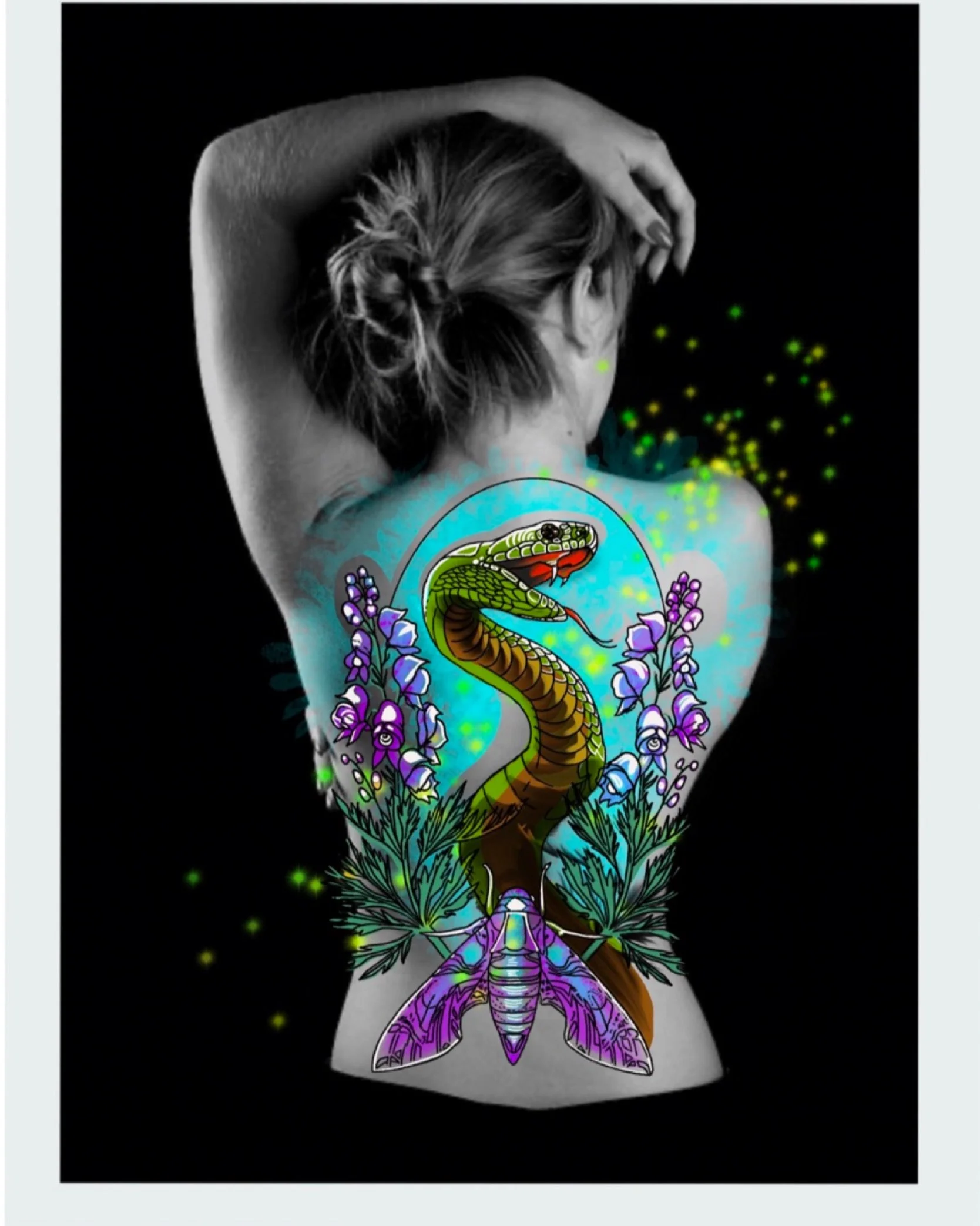 Monkshood, Snake and Hawksmoth- one of the carapilliars who can eat Aconite and survive, designed into a colorful back piece. Available. #backpiece #aconitetattoo #wolfsbane #poisonous