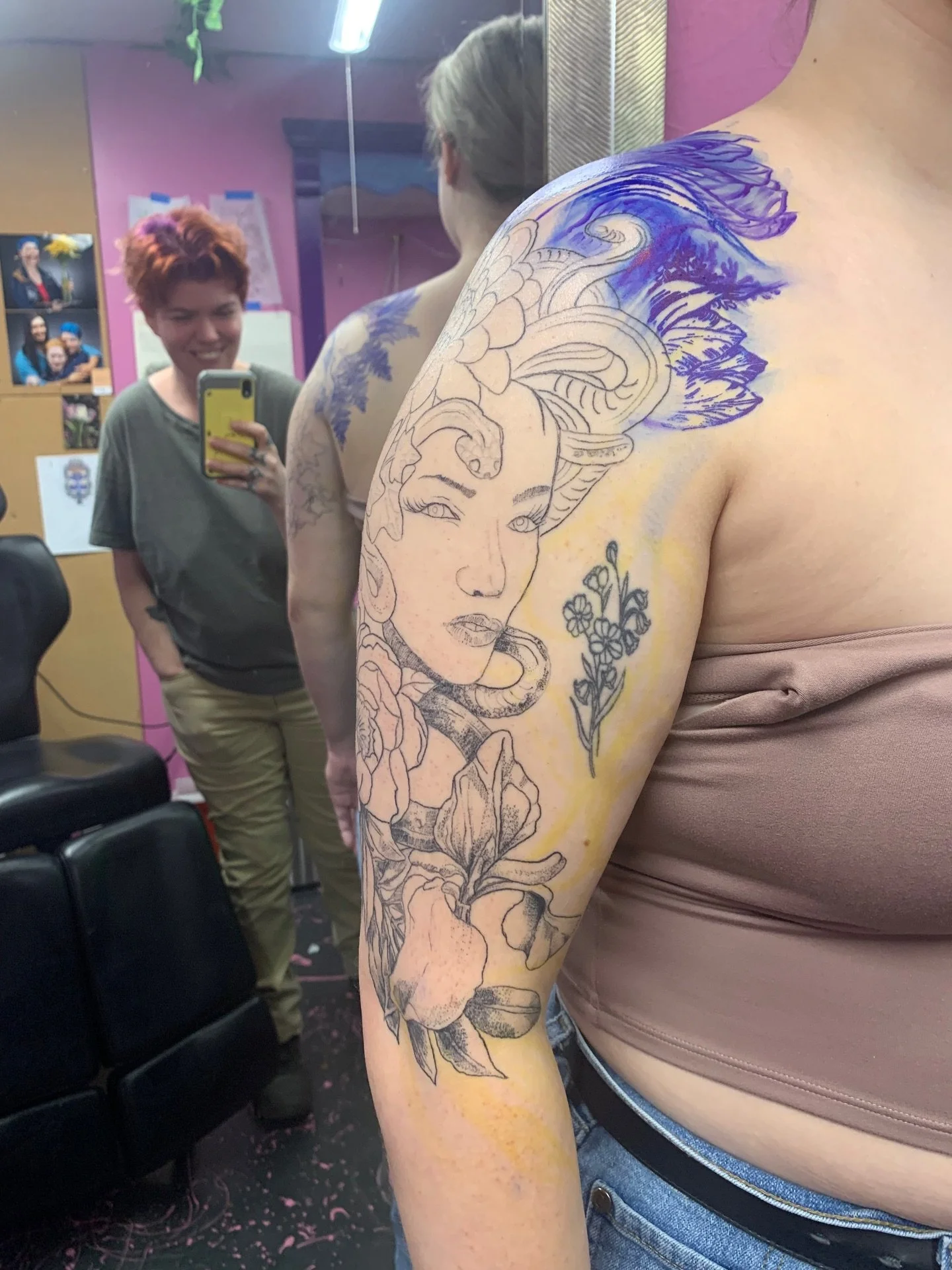 Really enjoying the conversations we have over tattoos. Swipe right to see a few more angles of Medusa as we outfit her with her floral headdress. #medusatattoo #botanicalsleeve #medusasleeve
