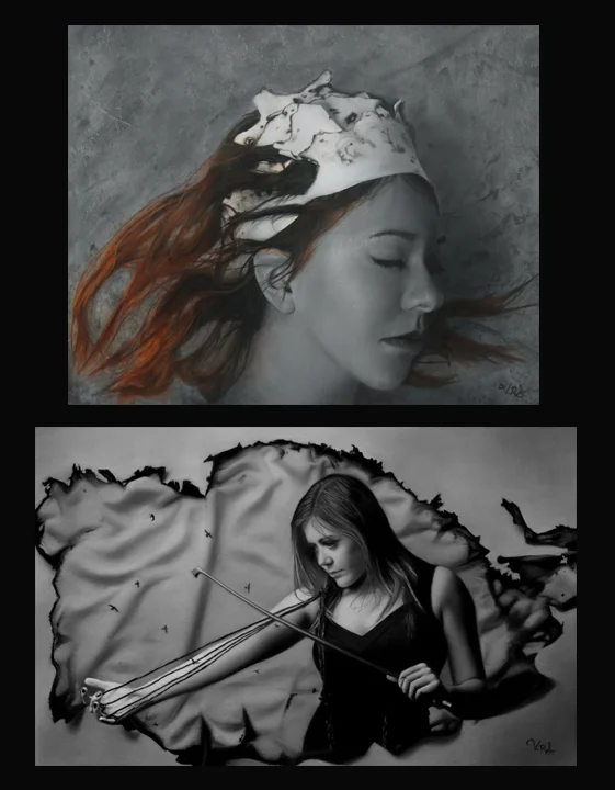 "The Ashes of Our Thoughts" Oil and Pastel "The Threads of Discord" Charcoal and White Pastel