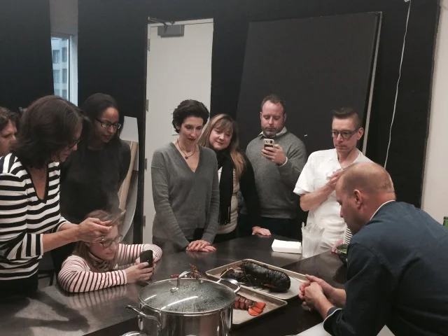 chef ben POLLINger teaches editors from Family circle & Everyday with Rachel Ray about Soft and hard shell lobster