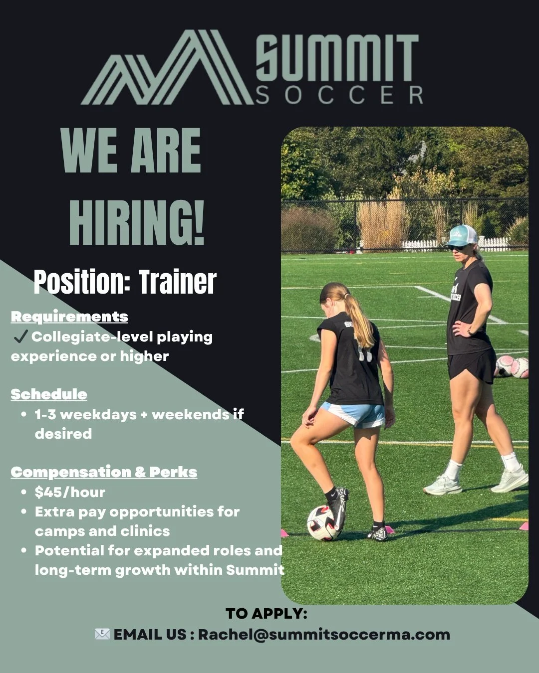 π¨ We’re Hiring! π¨
Summit Soccer is looking for energetic, positive, and patient coaches to join our training team this spring and summer 2026!
β¨ Details:
βοΈ Start Date: February 2026 (can be flexible)
βοΈ $45/hour + extra pay for camps &