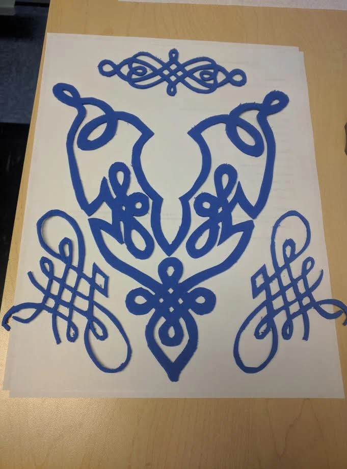 What I did was google search "celtic knot" and found this under the embroidery section. Printed them out, cut out the picture and traced in onto thin craft foam (using an xacto knife). These are for a headband, necklace and two cuffs.